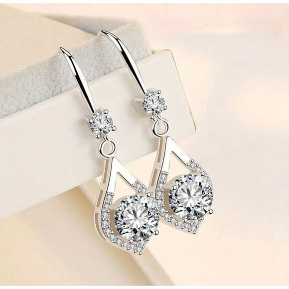 Sterling Silver Leaf Sparkle Drop Earrings - Picture 1 of 4